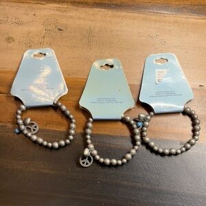 Bundle of 3 Gray Beaded Bracelet with Peace Charm